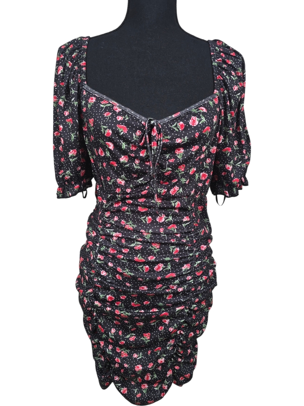 SHEIN Curve 1XL Black Mini Dress with Red Floral Print and Puff Sleeves